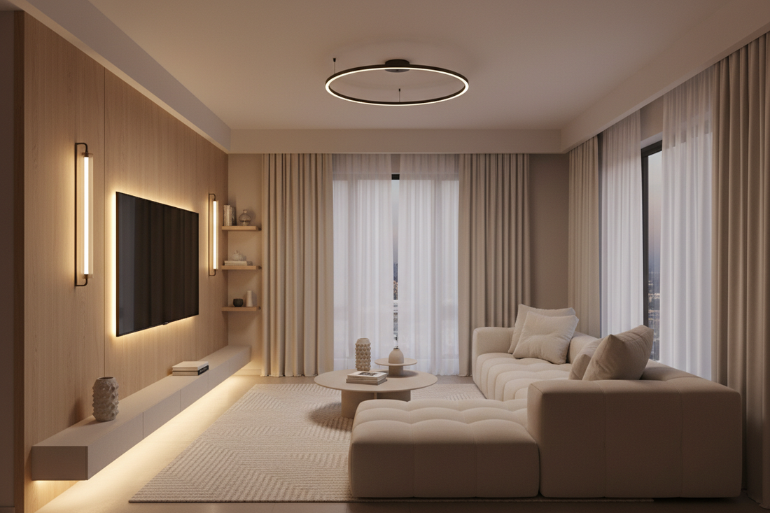 Küçük salon aydınlatması — plafonyer, duvar apliği ve TV arkası LED şerit kombinasyonuyla ferah ve şik mekan 2026