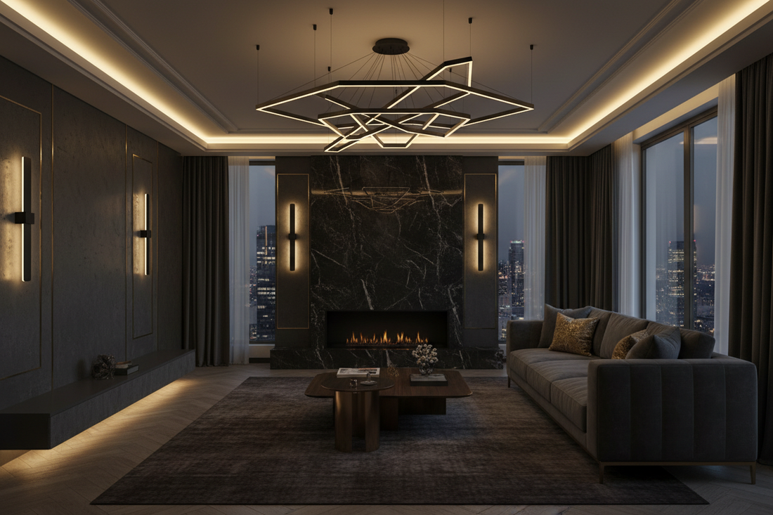 LED modern avize ve duvar aplik kombinasyonu — mat siyah tasarım, katmanlı ışık ve 2026 lüks salon atmosferi