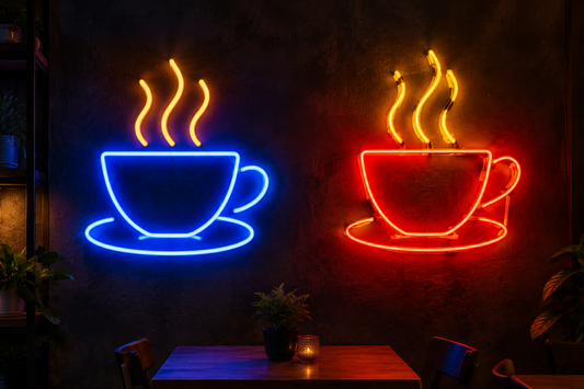 Kafe duvarında renkli neon flex LED tabela aydınlatması