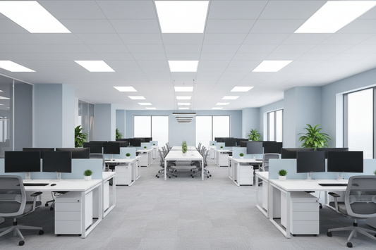 Ofis aydınlatması — 4000K LED panel, UGR19 parlama önleyici, verimli çalışma ortamı