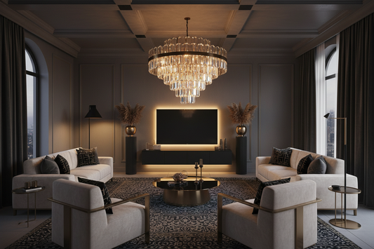 Lüks salon aydınlatması — kristal avize, mat gold detaylar ve katmanlı ışık tasarımı 2026